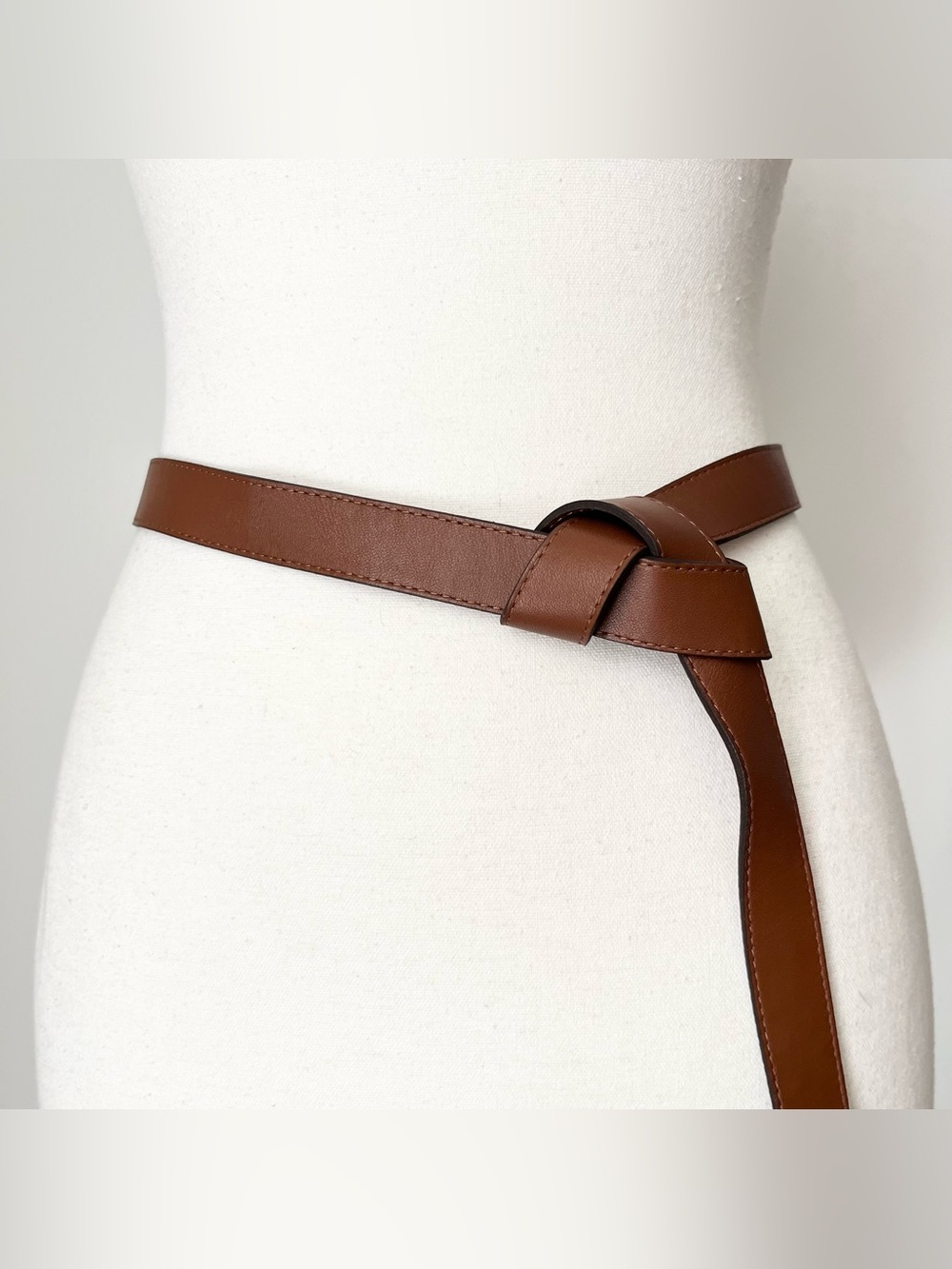 Women's Brown Leather Waist Belt Knot Tie Brown Made in France Luxury 50 Inch